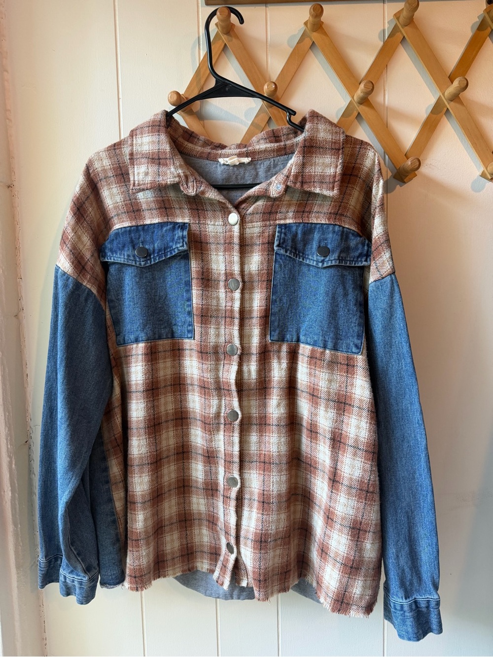 Plaid Denim-Trim Shacket Jacket - Tan & Blue